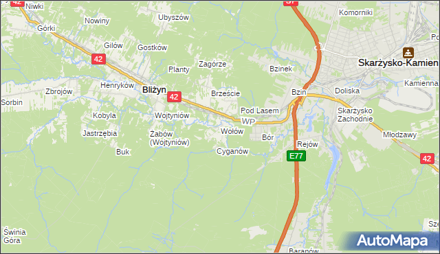 mapa Wołów gmina Bliżyn, Wołów gmina Bliżyn na mapie Targeo