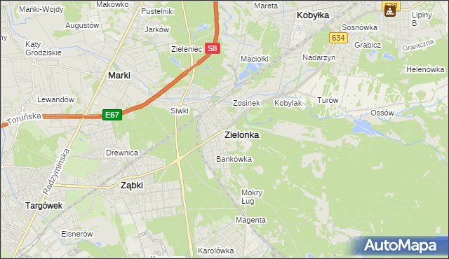 mapa Zielonka powiat wołomiński, Zielonka powiat wołomiński na mapie Targeo