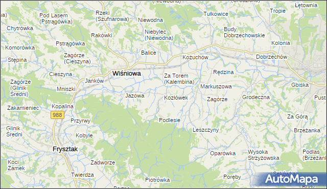 mapa Kozłówek gmina Wiśniowa, Kozłówek gmina Wiśniowa na mapie Targeo
