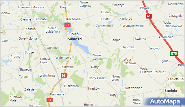 mapa Nowe Czaple gmina Lubień Kujawski, Nowe Czaple gmina Lubień Kujawski na mapie Targeo
