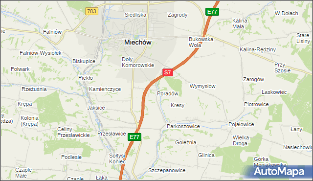 mapa Poradów gmina Miechów, Poradów gmina Miechów na mapie Targeo