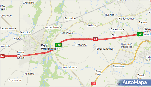 mapa Różaniec gmina Kąty Wrocławskie, Różaniec gmina Kąty Wrocławskie na mapie Targeo