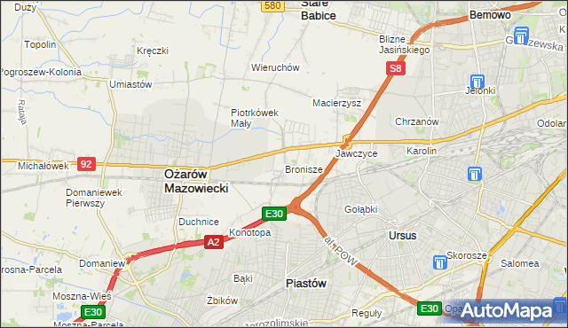 mapa Bronisze gmina Ożarów Mazowiecki, Bronisze gmina Ożarów Mazowiecki na mapie Targeo