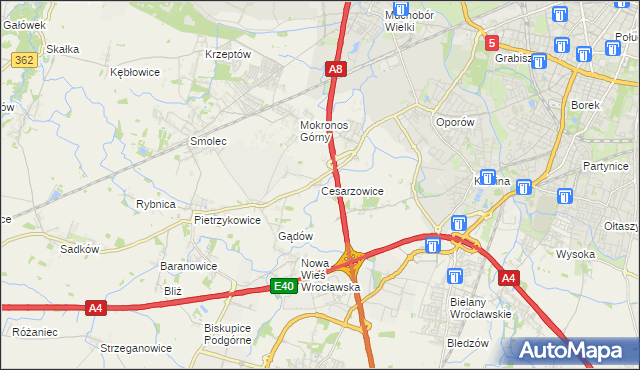mapa Cesarzowice gmina Kąty Wrocławskie, Cesarzowice gmina Kąty Wrocławskie na mapie Targeo