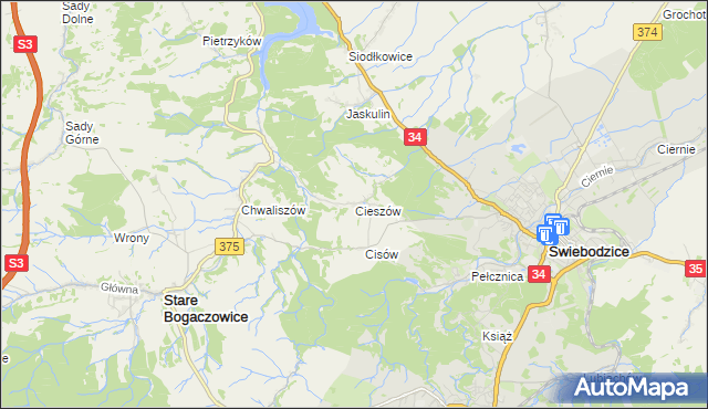 mapa Cieszów gmina Stare Bogaczowice, Cieszów gmina Stare Bogaczowice na mapie Targeo