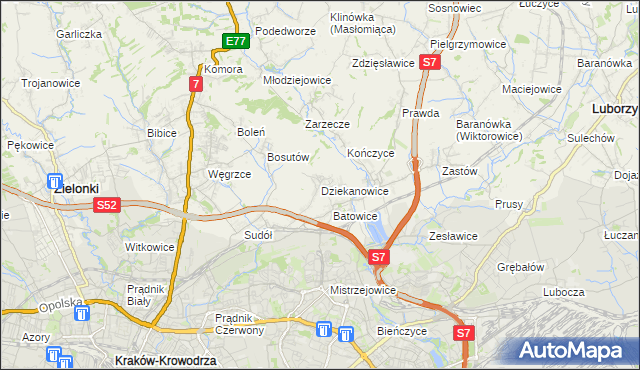 mapa Dziekanowice gmina Zielonki, Dziekanowice gmina Zielonki na mapie Targeo