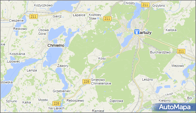 mapa Kosy gmina Kartuzy, Kosy gmina Kartuzy na mapie Targeo