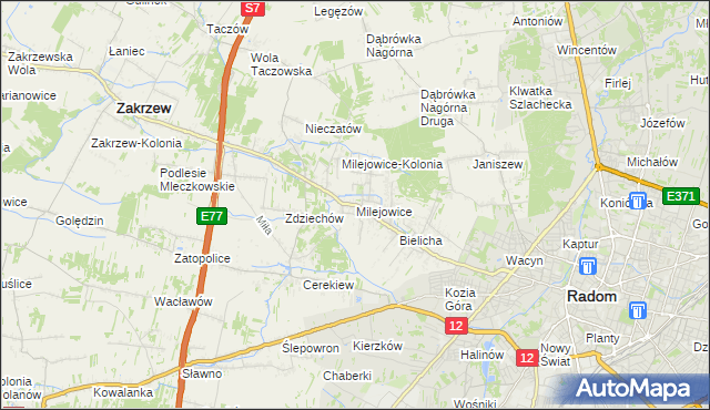 mapa Milejowice gmina Zakrzew, Milejowice gmina Zakrzew na mapie Targeo