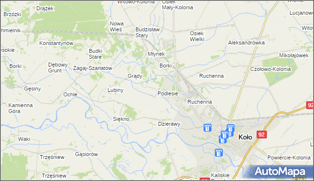 mapa Podlesie gmina Koło, Podlesie gmina Koło na mapie Targeo