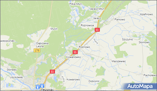 mapa Rożnowo gmina Oborniki, Rożnowo gmina Oborniki na mapie Targeo