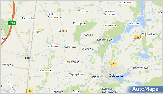 mapa Wolkowo gmina Osieczna, Wolkowo gmina Osieczna na mapie Targeo