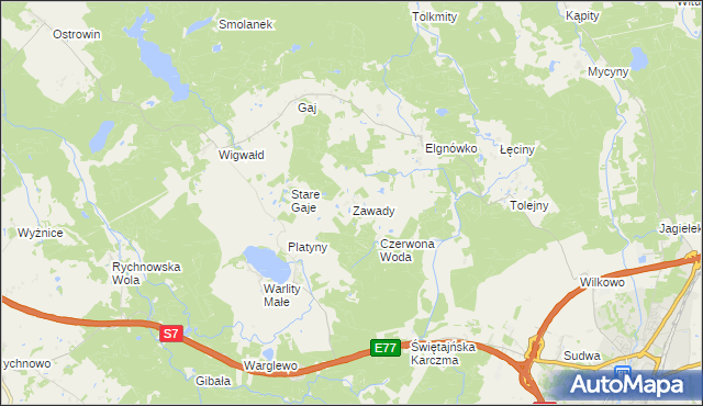 mapa Zawady gmina Olsztynek, Zawady gmina Olsztynek na mapie Targeo
