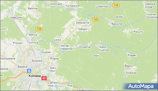 mapa Drutarnia gmina Końskie, Drutarnia gmina Końskie na mapie Targeo