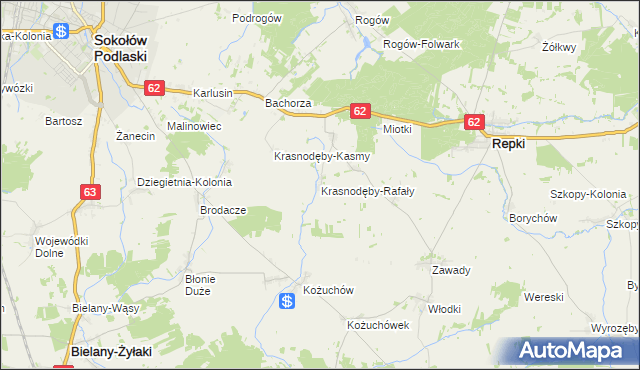 mapa Krasnodęby-Rafały, Krasnodęby-Rafały na mapie Targeo