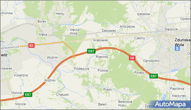 mapa Rzechta gmina Sieradz, Rzechta gmina Sieradz na mapie Targeo