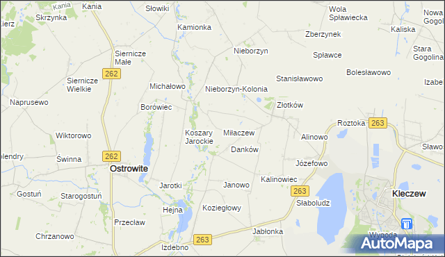 mapa Miłaczew gmina Kleczew, Miłaczew gmina Kleczew na mapie Targeo