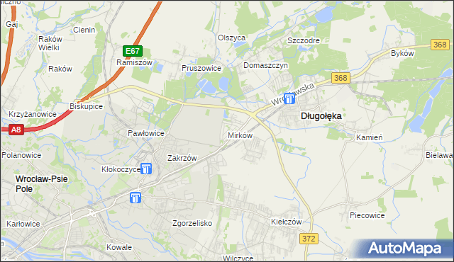 mapa Mirków gmina Długołęka, Mirków gmina Długołęka na mapie Targeo