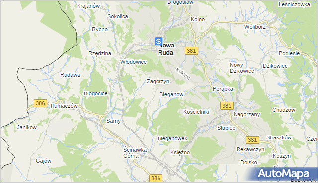 mapa Bieganów gmina Nowa Ruda, Bieganów gmina Nowa Ruda na mapie Targeo