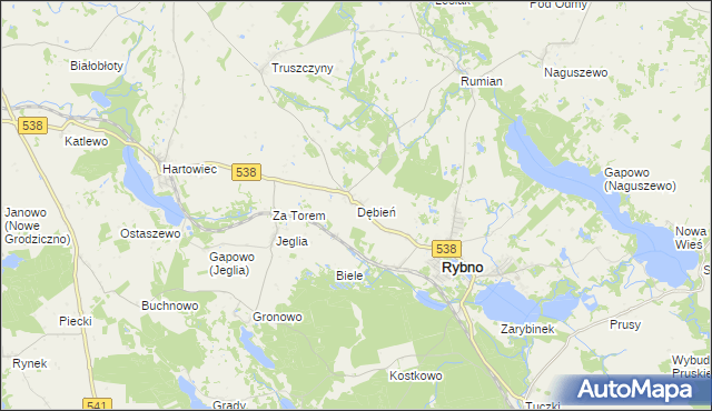 mapa Dębień gmina Rybno, Dębień gmina Rybno na mapie Targeo