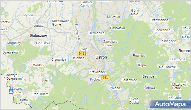 mapa Ustroń powiat cieszyński, Ustroń powiat cieszyński na mapie Targeo