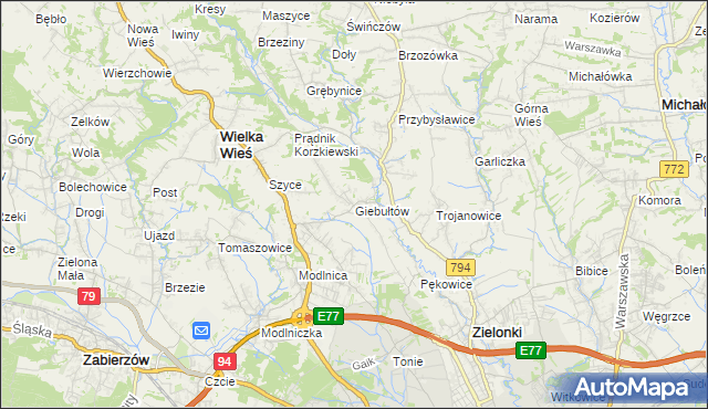 mapa Giebułtów gmina Wielka Wieś, Giebułtów gmina Wielka Wieś na mapie Targeo