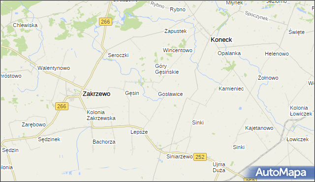 mapa Gosławice gmina Zakrzewo, Gosławice gmina Zakrzewo na mapie Targeo