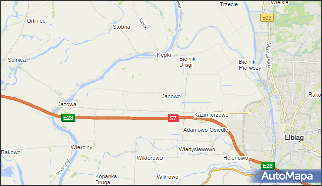 mapa Janowo gmina Elbląg, Janowo gmina Elbląg na mapie Targeo