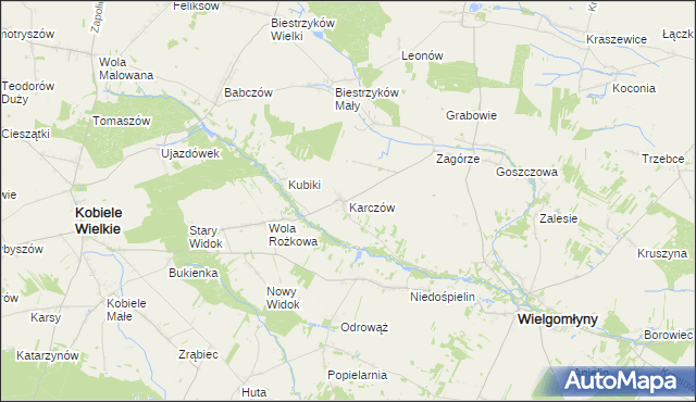 mapa Karczów gmina Wielgomłyny, Karczów gmina Wielgomłyny na mapie Targeo