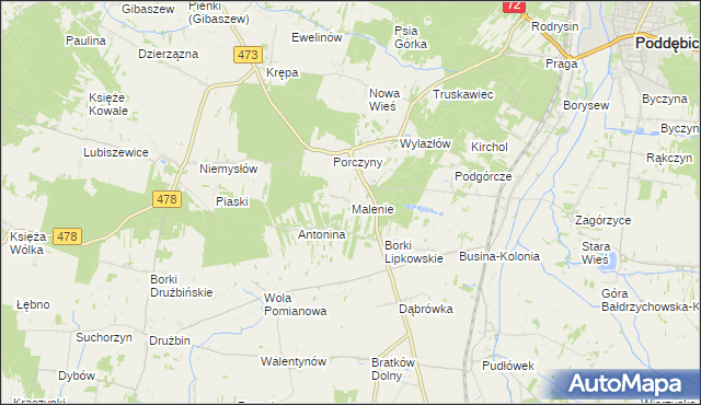 mapa Malenie gmina Poddębice, Malenie gmina Poddębice na mapie Targeo