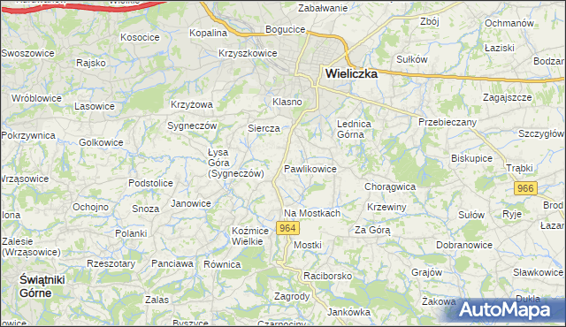 mapa Pawlikowice gmina Wieliczka, Pawlikowice gmina Wieliczka na mapie Targeo