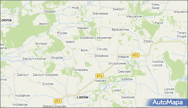 mapa Strzałków gmina Lisków, Strzałków gmina Lisków na mapie Targeo