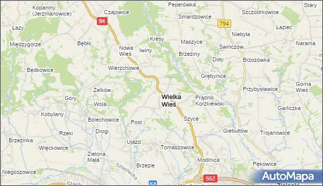 mapa Wielka Wieś powiat krakowski, Wielka Wieś powiat krakowski na mapie Targeo