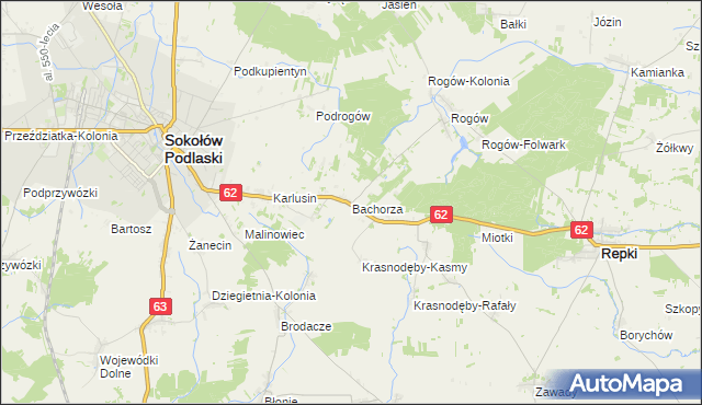 mapa Bachorza gmina Sokołów Podlaski, Bachorza gmina Sokołów Podlaski na mapie Targeo