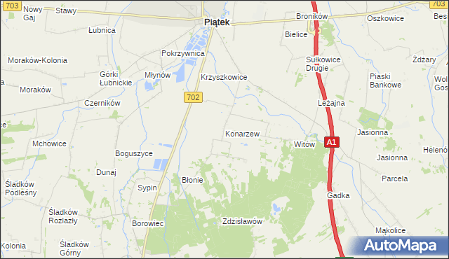 mapa Konarzew gmina Piątek, Konarzew gmina Piątek na mapie Targeo