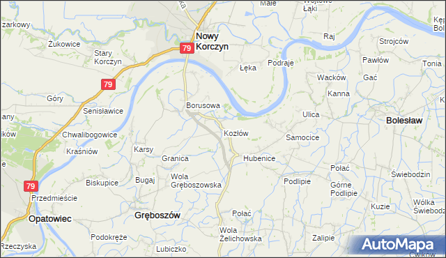 mapa Kozłów gmina Gręboszów, Kozłów gmina Gręboszów na mapie Targeo