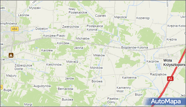 mapa Miłaków gmina Wola Krzysztoporska, Miłaków gmina Wola Krzysztoporska na mapie Targeo