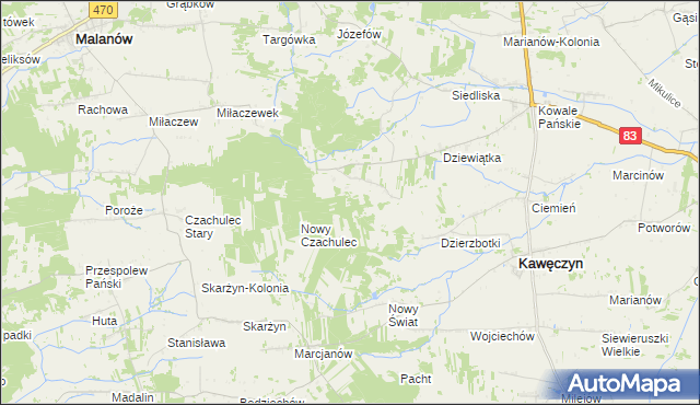 mapa Młodzianów gmina Kawęczyn, Młodzianów gmina Kawęczyn na mapie Targeo