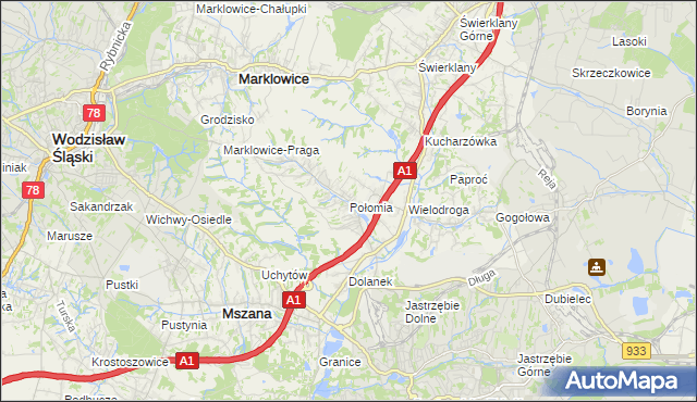 mapa Połomia gmina Mszana, Połomia gmina Mszana na mapie Targeo