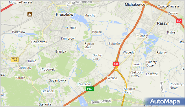 mapa Suchy Las gmina Michałowice, Suchy Las gmina Michałowice na mapie Targeo