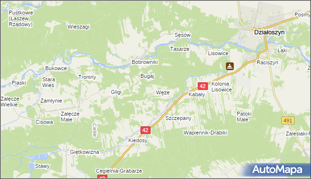 mapa Węże gmina Działoszyn, Węże gmina Działoszyn na mapie Targeo