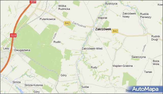 mapa Zakrzówek-Wieś gmina Zakrzówek, Zakrzówek-Wieś gmina Zakrzówek na mapie Targeo