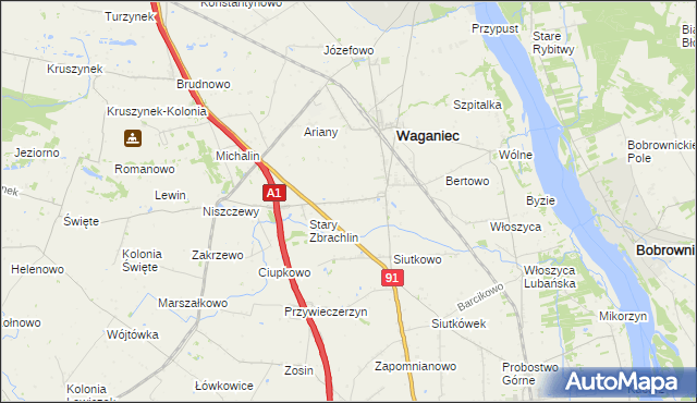 mapa Zbrachlin gmina Waganiec, Zbrachlin gmina Waganiec na mapie Targeo