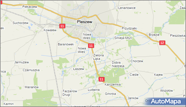 mapa Zielona Łąka gmina Pleszew, Zielona Łąka gmina Pleszew na mapie Targeo