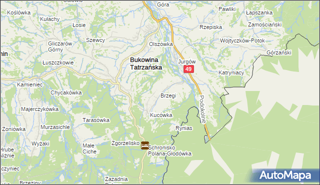 mapa Brzegi gmina Bukowina Tatrzańska, Brzegi gmina Bukowina Tatrzańska na mapie Targeo