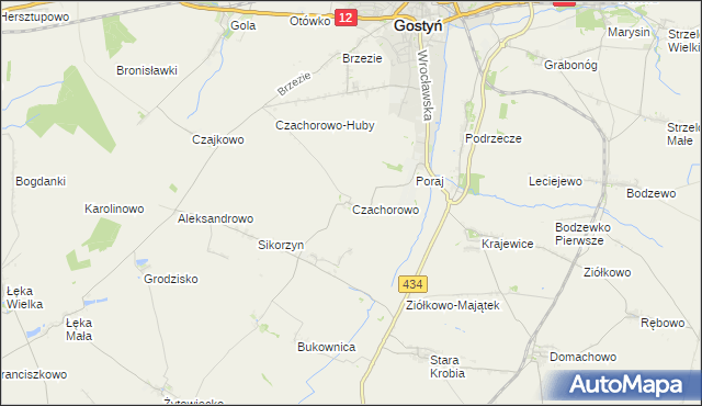 mapa Czachorowo gmina Gostyń, Czachorowo gmina Gostyń na mapie Targeo