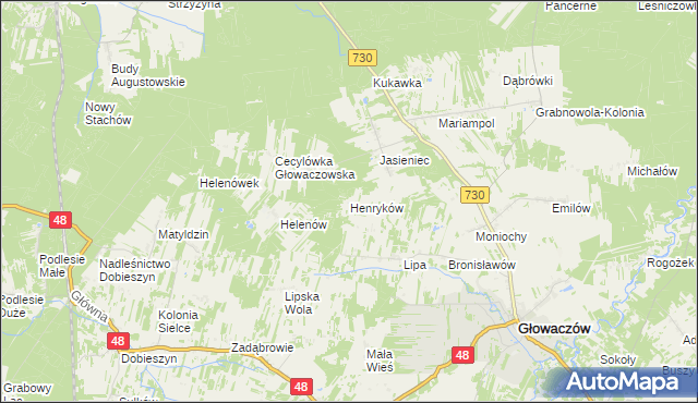 mapa Henryków gmina Głowaczów, Henryków gmina Głowaczów na mapie Targeo