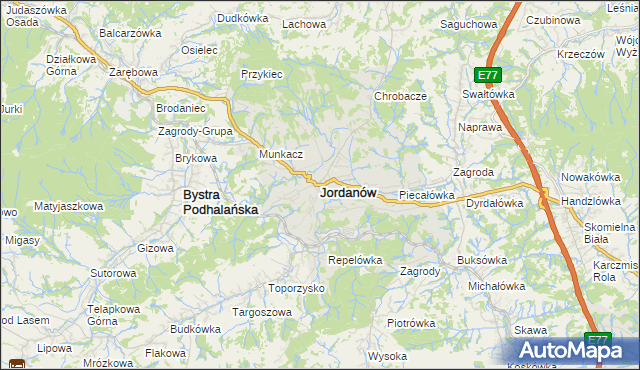 mapa Jordanów powiat suski, Jordanów powiat suski na mapie Targeo