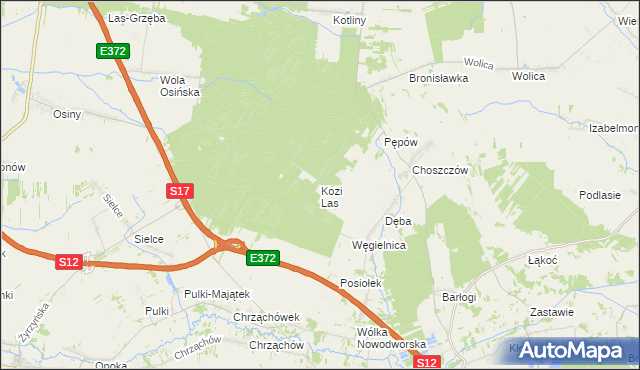 mapa Kozi Las gmina Kurów, Kozi Las gmina Kurów na mapie Targeo