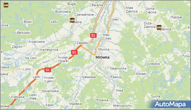 mapa Milówka powiat żywiecki, Milówka powiat żywiecki na mapie Targeo