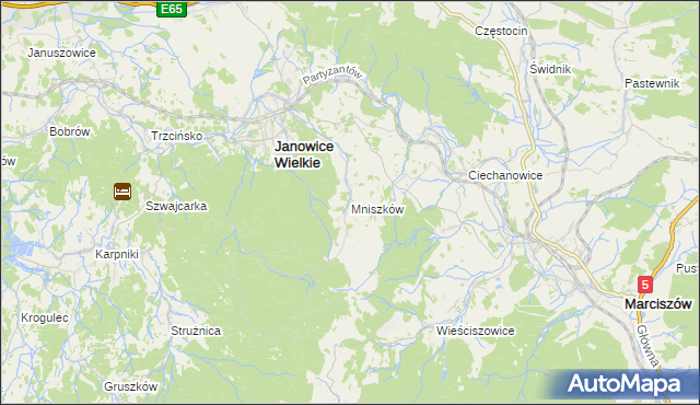 mapa Mniszków gmina Janowice Wielkie, Mniszków gmina Janowice Wielkie na mapie Targeo